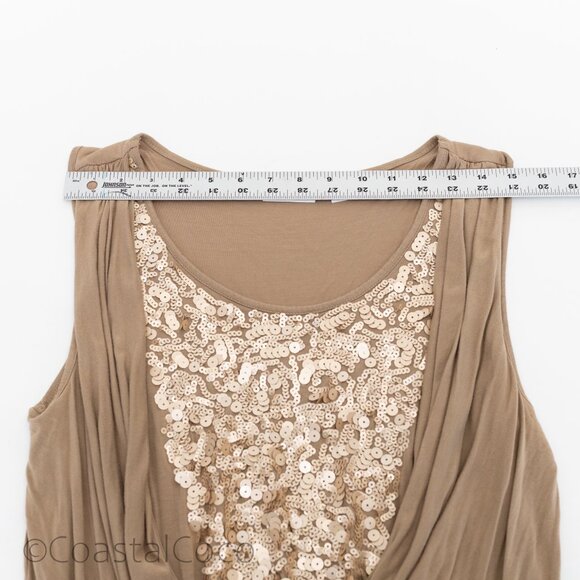 New York & Co Waterfall Neckline Tan Sleeveless Top XL Sequins Cowl Draped Y2K - Picture 7 of 10